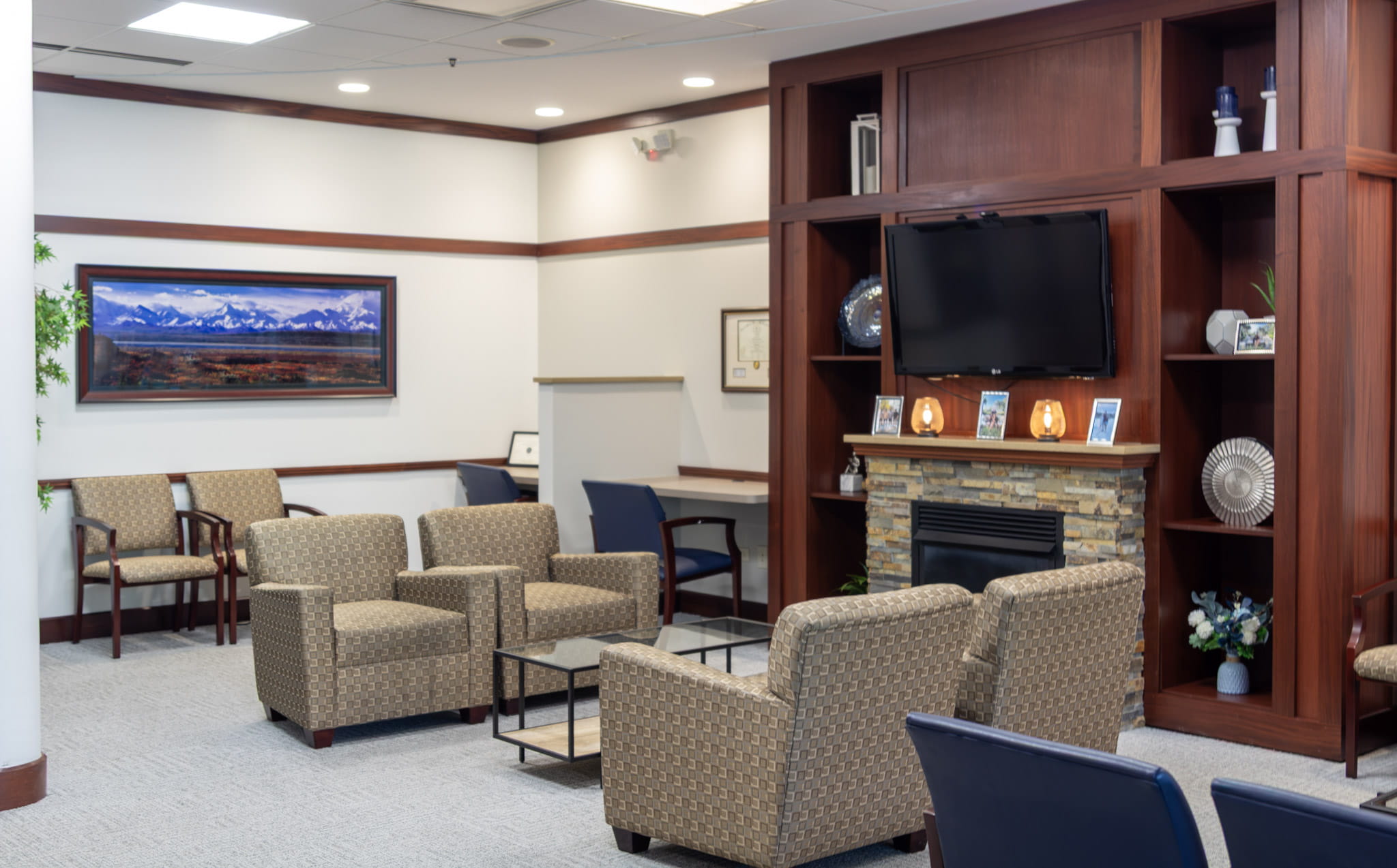 Dental exam room in exam chair at Wheaton Oral Surgery in Naperville, IL